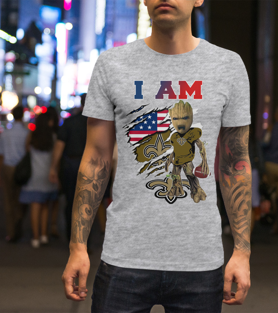 I Am Saints Baby Groot Nfl Football Fleur-De-Lis Usa Flag T-Shirt