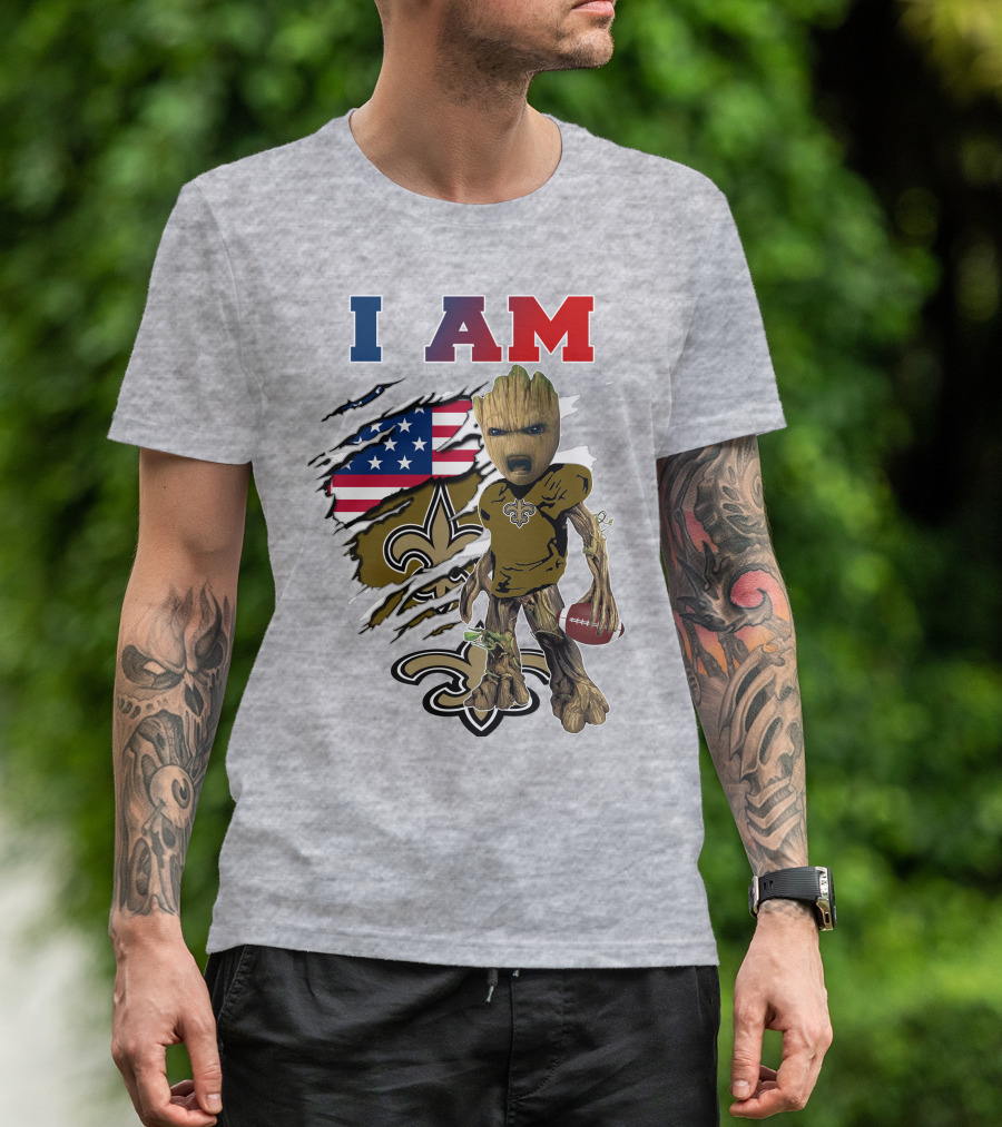 I Am Saints Baby Groot Nfl Football Fleur-De-Lis Usa Flag T-Shirt