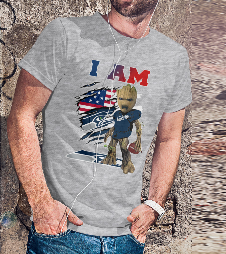 I AM Seahawks Baby Groot Football American Flag T-Shirt