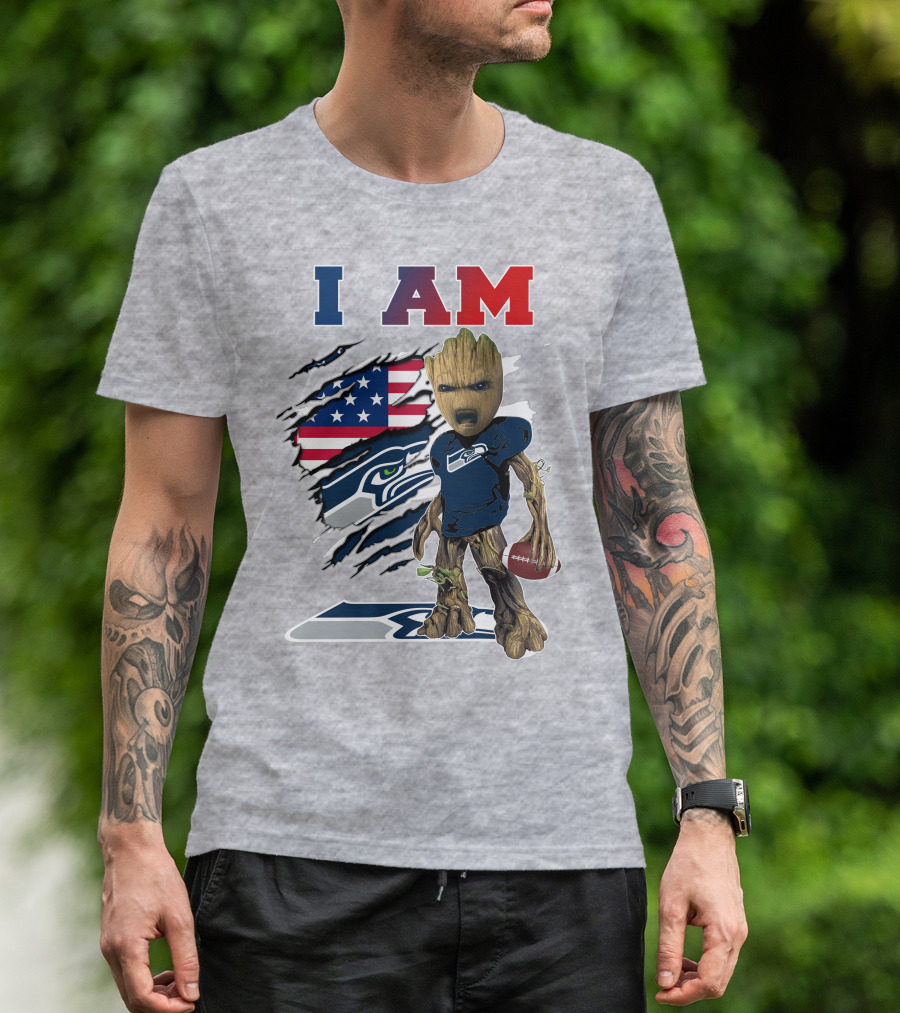 I AM Seahawks Baby Groot Football American Flag T-Shirt