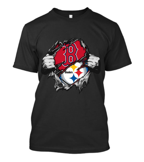 Steelers Red Sox Fusion Emblem With Torn Effect T-Shirt