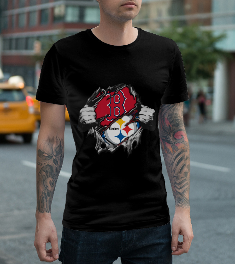 Steelers Red Sox Fusion Emblem With Torn Effect T-Shirt