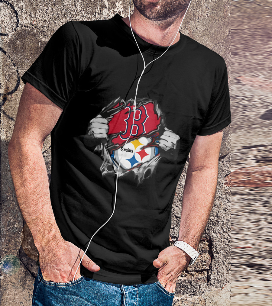 Steelers Red Sox Fusion Emblem With Torn Effect T-Shirt