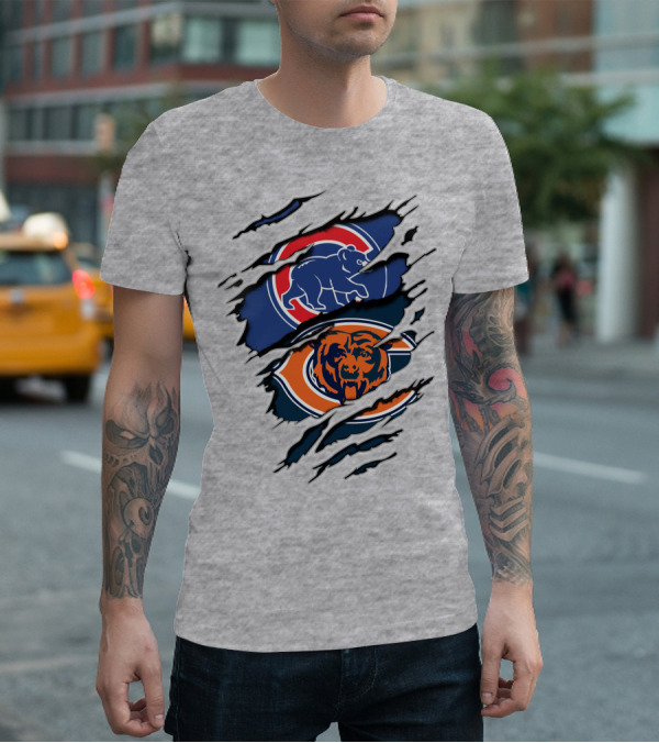 Cubs Bears Dual Logo Design Ripped Tear Combination T-Shirt