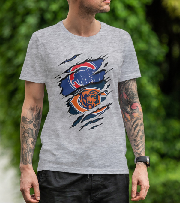 Cubs Bears Dual Logo Design Ripped Tear Combination T-Shirt