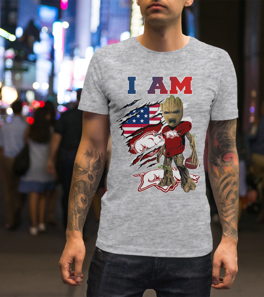 I AM Groot Arkansas Razorbacks Football USA Flag T-Shirt