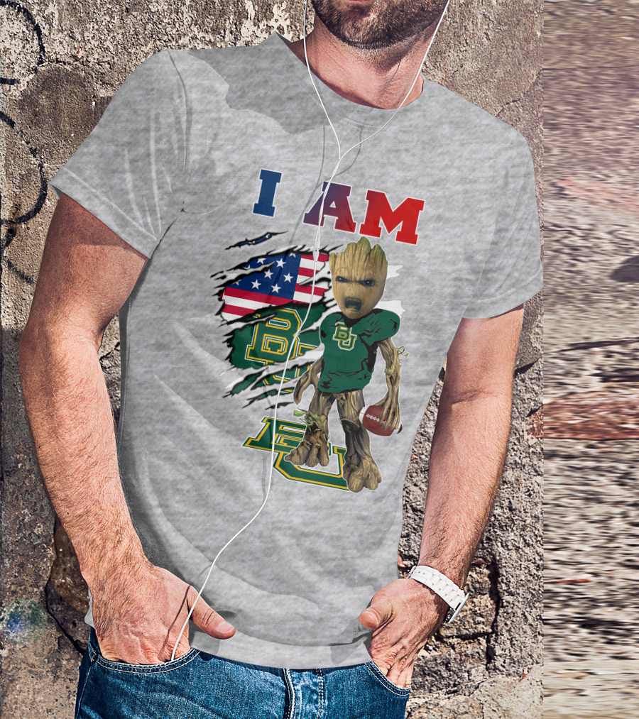 I AM Baylor Bears Groot Football American Flag T-Shirt