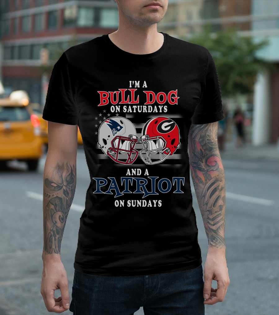 Bulldog On Saturdays And Patriot On Sundays Football Helmets Stars And Stripes T-Shirt