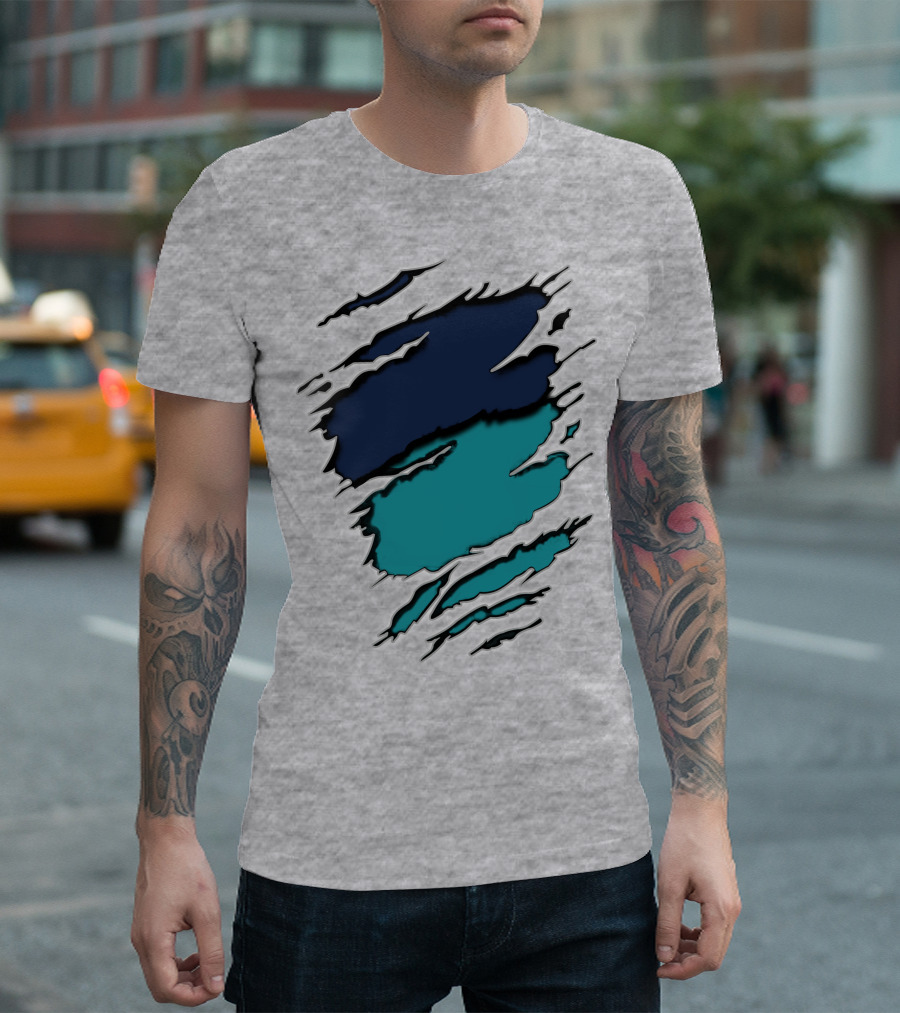 Yan-Dolphins19 Navy Teal Torn T-Shirt