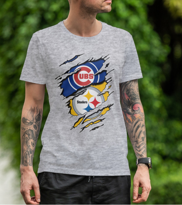 Steelers Cubs Logos With Torn Fabric T-Shirt