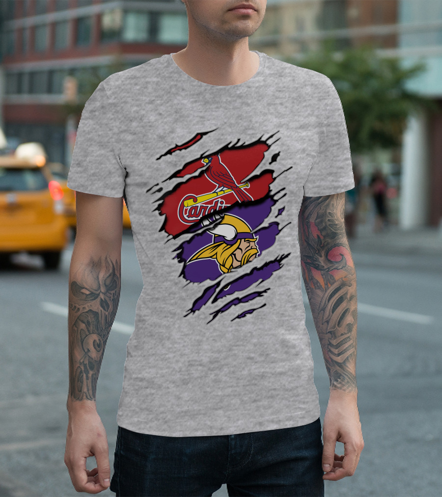Vikings And Cardinals Logos Torn Effect T-Shirt