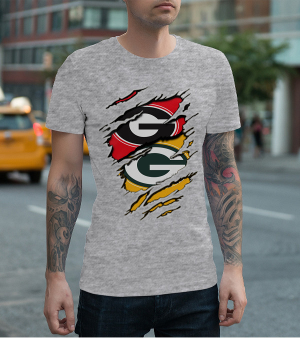 Green Bay Packers Georgia Bulldogs Dual Logo Rip Claw Marks T-Shirt