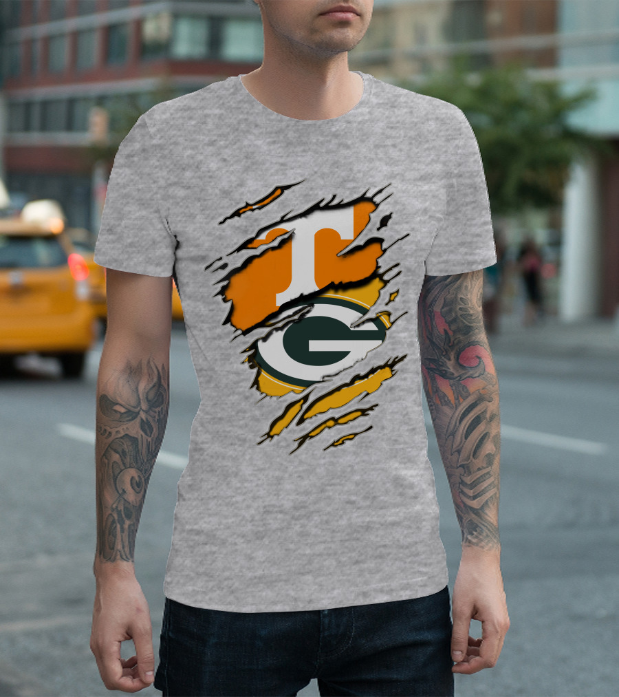 Tennessee Vols and Green Bay Packers Torn Logo Fusion T-Shirt