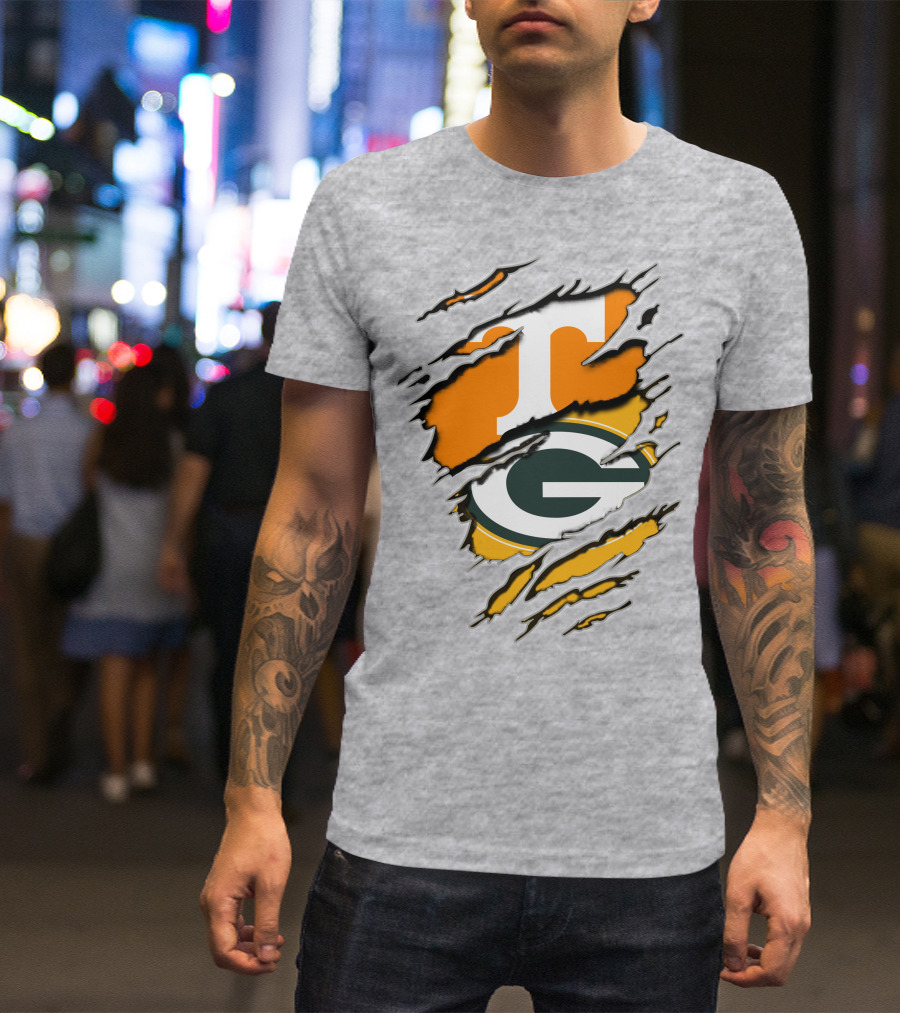 Tennessee Vols And Green Bay Packers Torn Logo Fusion T-Shirt