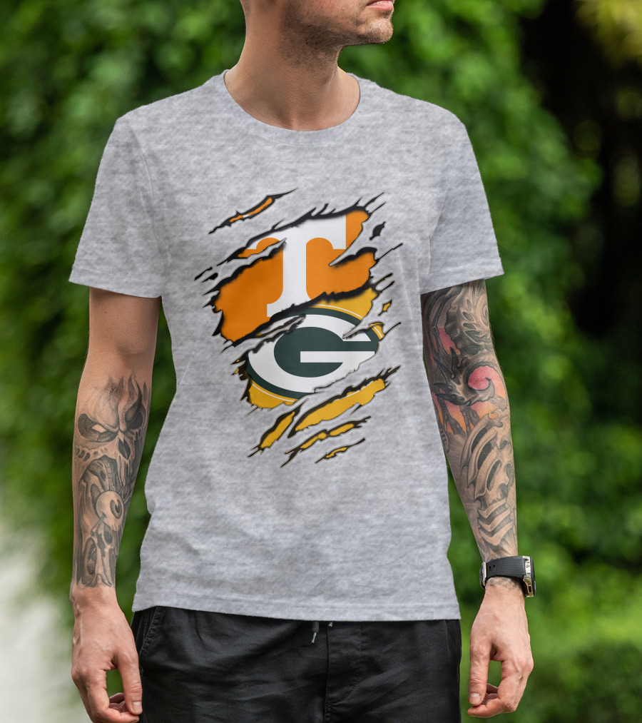 Tennessee Vols And Green Bay Packers Torn Logo Fusion T-Shirt