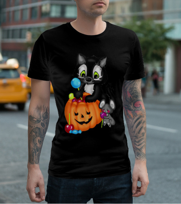 Halowen Cute Cat And Mouse With Candy And Pumpkin T-Shirt