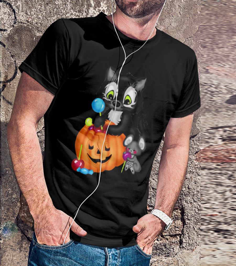 Halowen Cute Cat And Mouse With Candy And Pumpkin T-Shirt