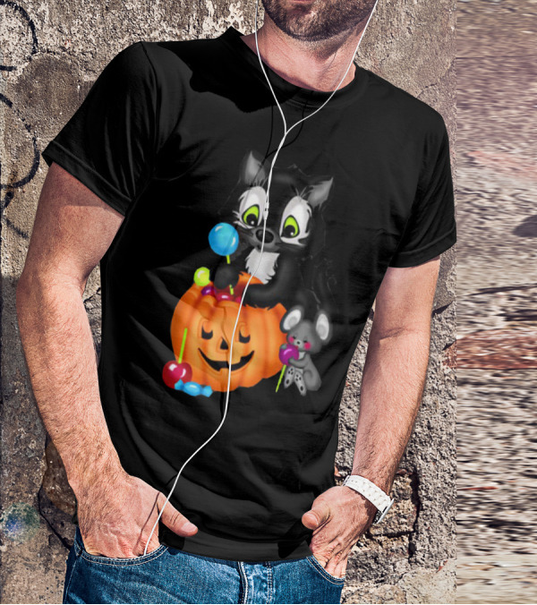 Halowen Cute Cat And Mouse With Candy And Pumpkin T-Shirt