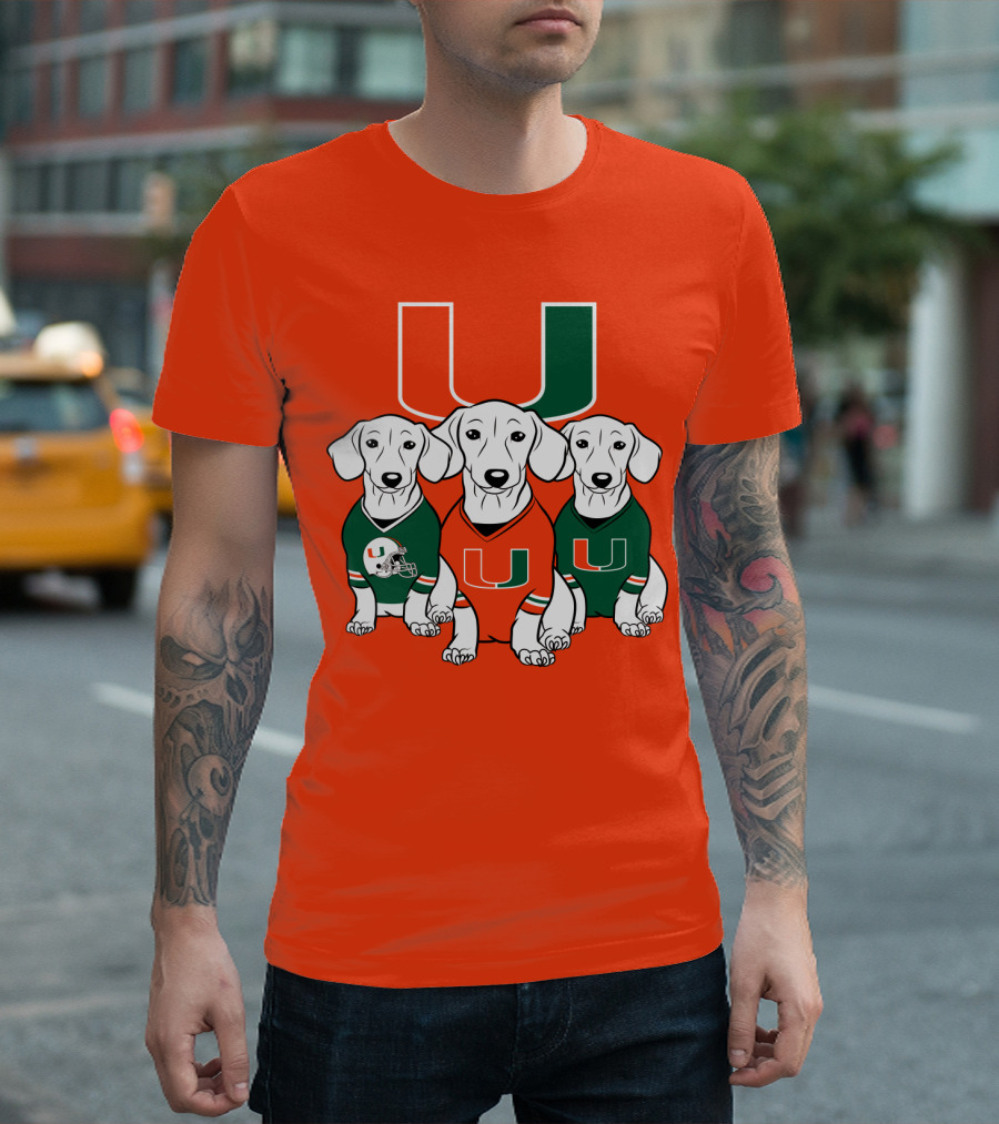 Miami Hurricanes U Logo With Dogs In Team Jerseys T-Shirt