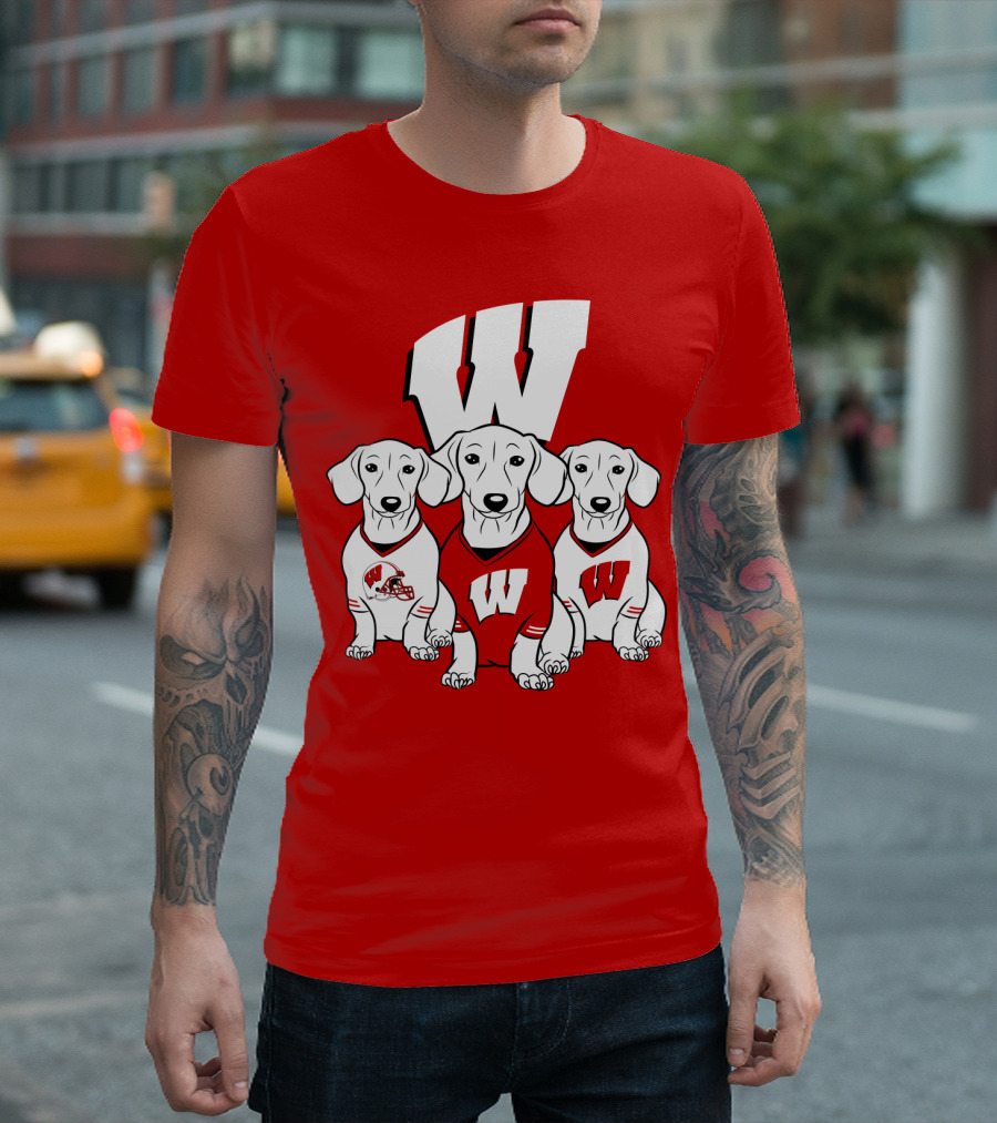 Wisconsin W Dachsund Trio Football Helmets And Jerseys T-Shirt