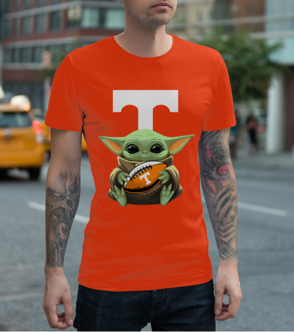 Baby Yoda Holding Tennessee Volunteers Football Ball T-Shirt