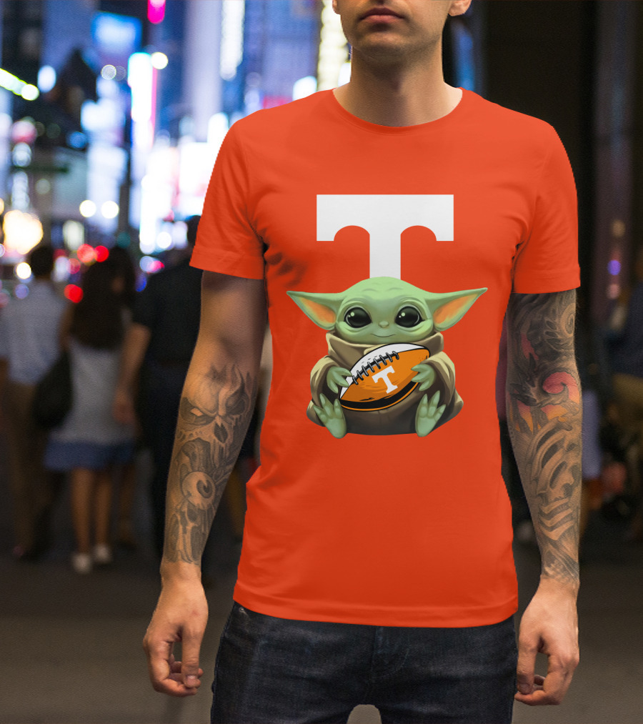 Baby Yoda Holding Tennessee Volunteers Football Ball T-Shirt