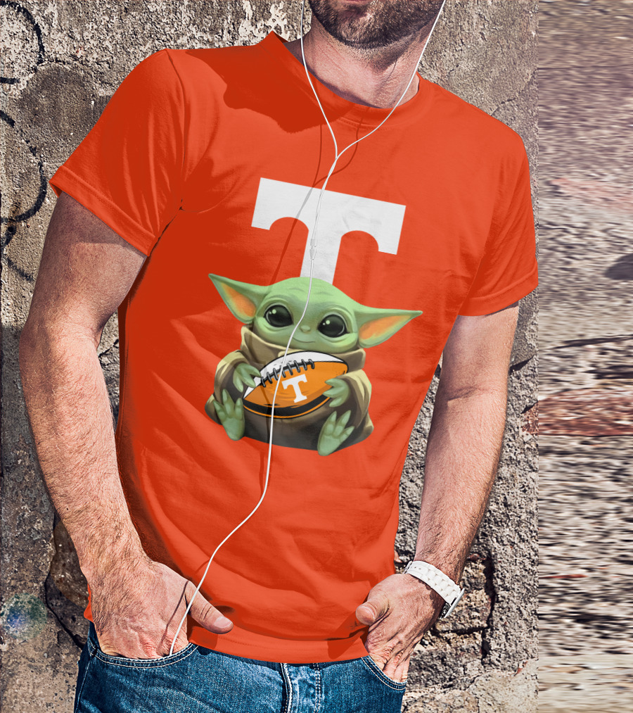 Baby Yoda Holding Tennessee Volunteers Football Ball T-Shirt