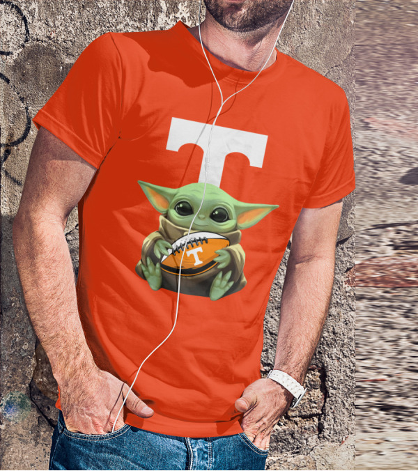 Baby Yoda Holding Tennessee Volunteers Football Ball T-Shirt