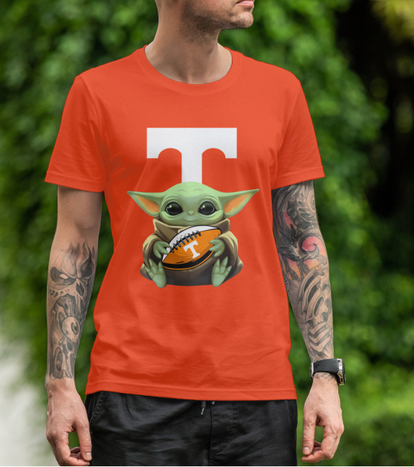 Baby Yoda Holding Tennessee Volunteers Football Ball T-Shirt