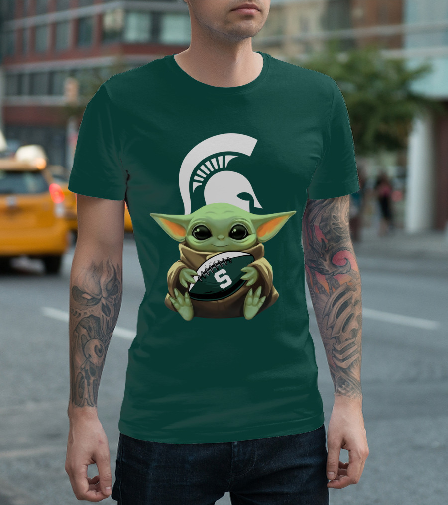 Baby Yoda Holding Football with Michigan State Spartans Helmet T-Shirt