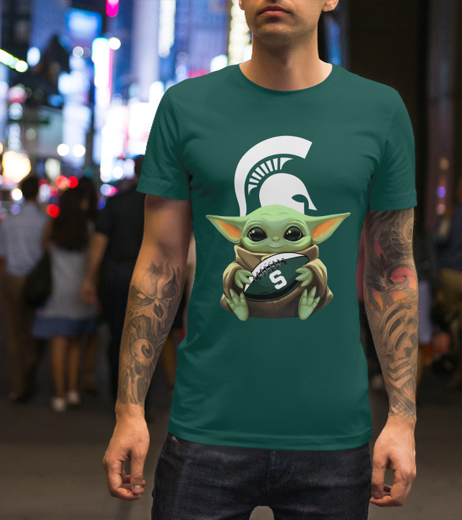 Baby Yoda Holding Football With Michigan State Spartans Helmet T-Shirt