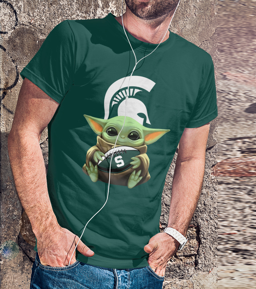 Baby Yoda Holding Football With Michigan State Spartans Helmet T-Shirt