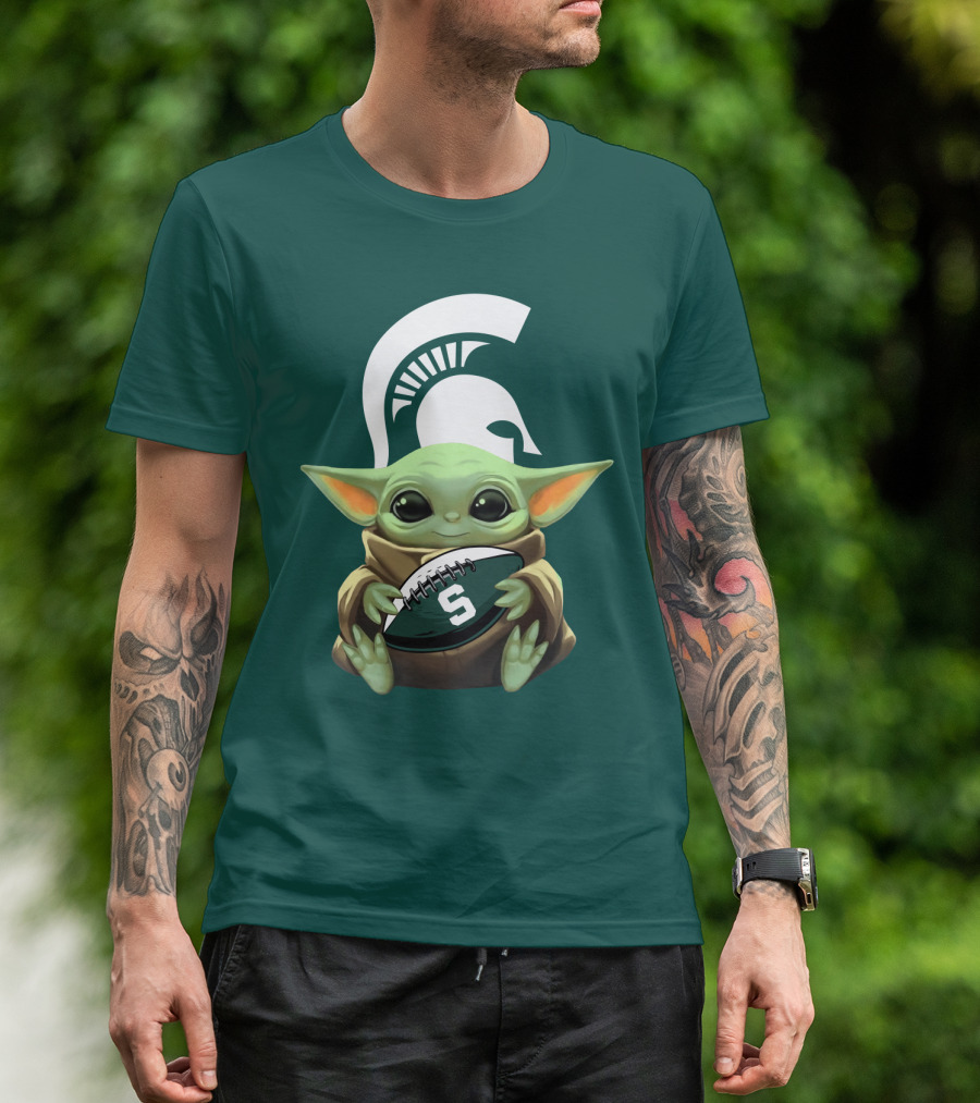 Baby Yoda Holding Football With Michigan State Spartans Helmet T-Shirt