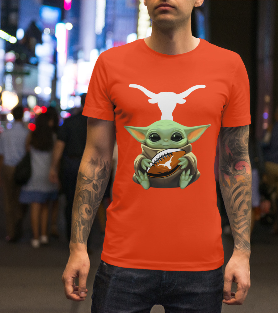 Baby Yoda Longhorns Football Logo Orange Background T-Shirt