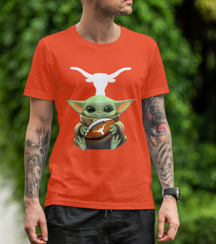Baby Yoda Longhorns Football Logo Orange Background T-Shirt