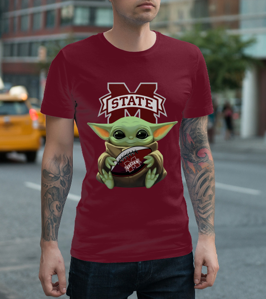 Baby Yoda Holding Mississippi State Bulldogs Football T-Shirt