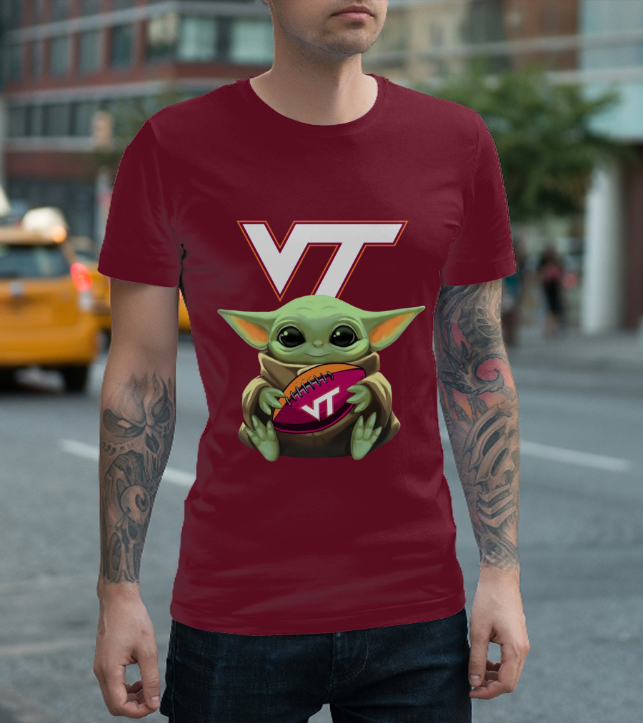 VT Baby Yoda Holding Football Hokies T-Shirt