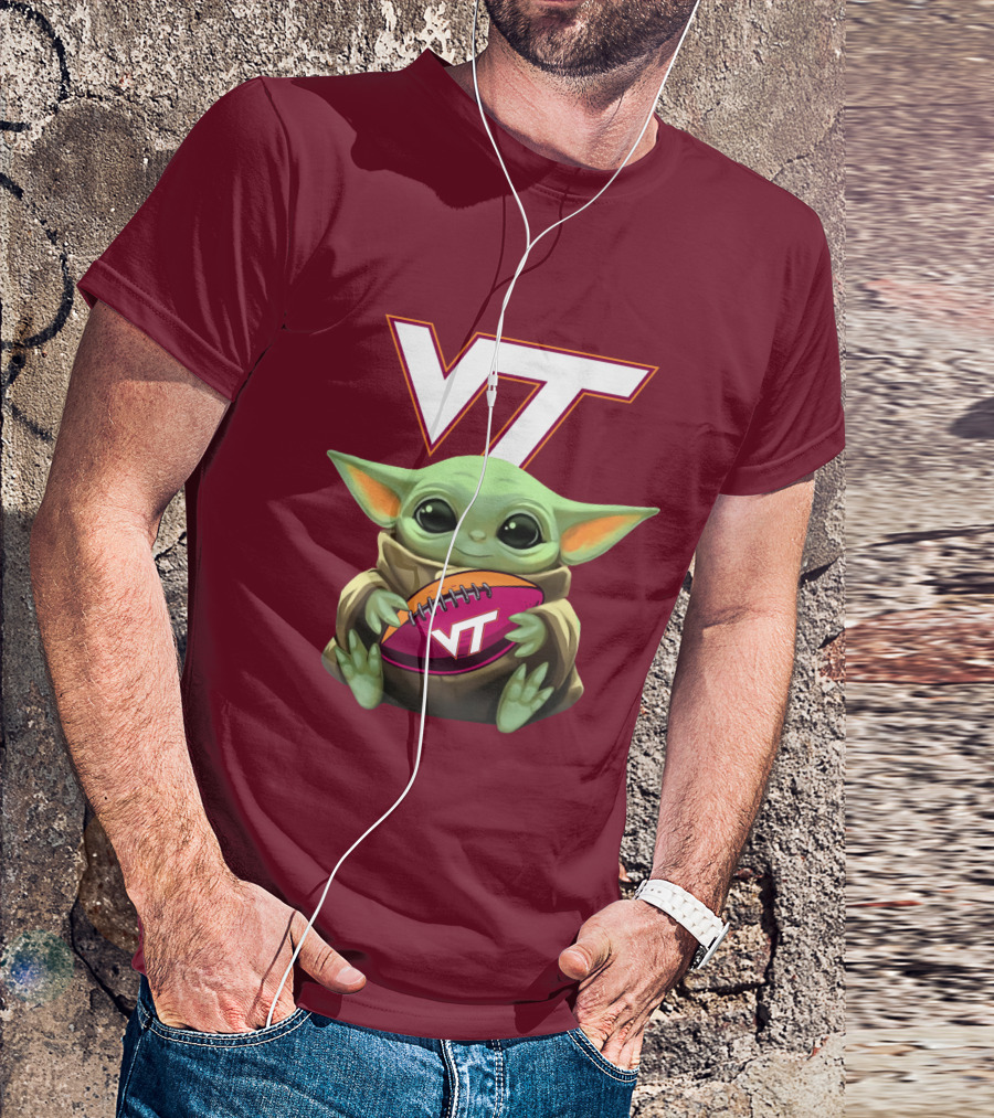 VT Baby Yoda Holding Football Hokies T-Shirt