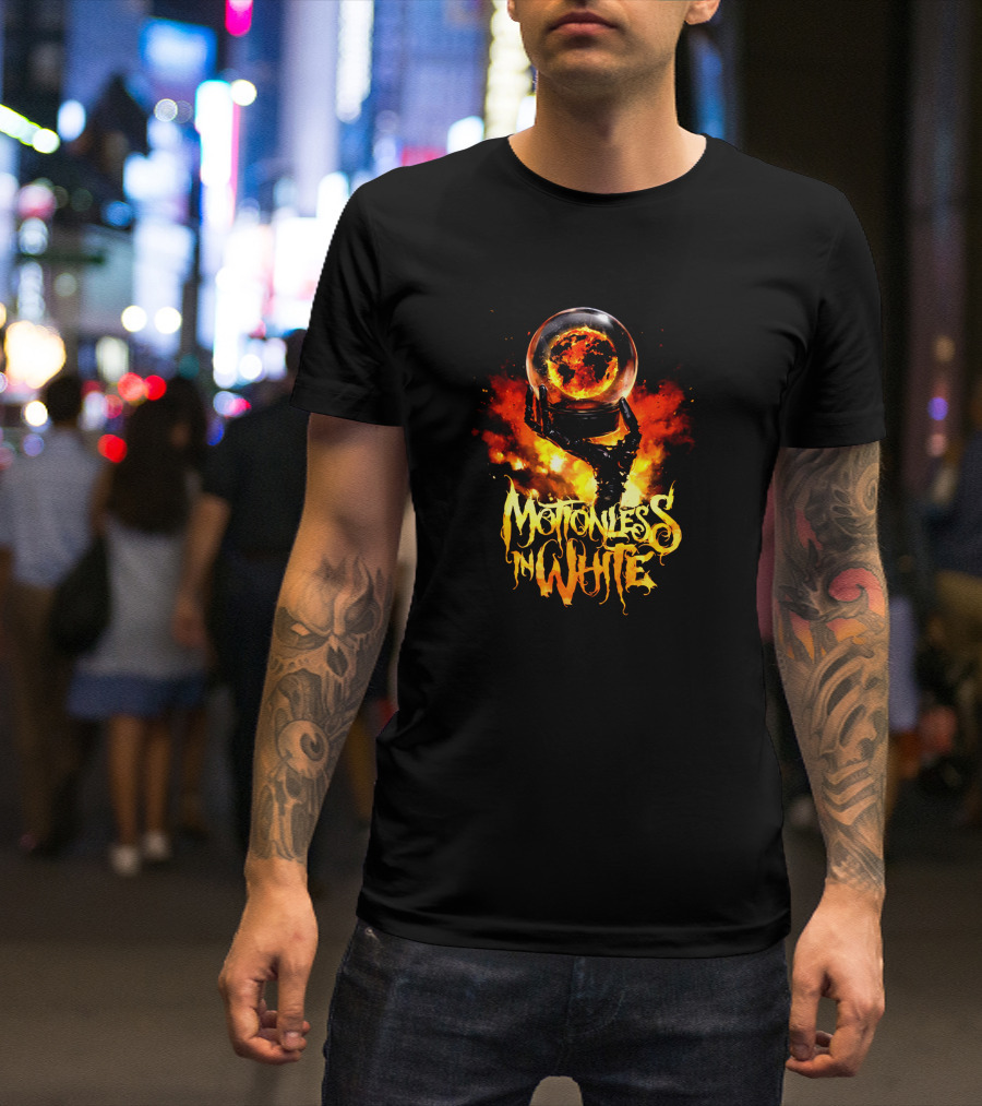 Motionless In White Fiery Hand Holding Globe T-Shirt