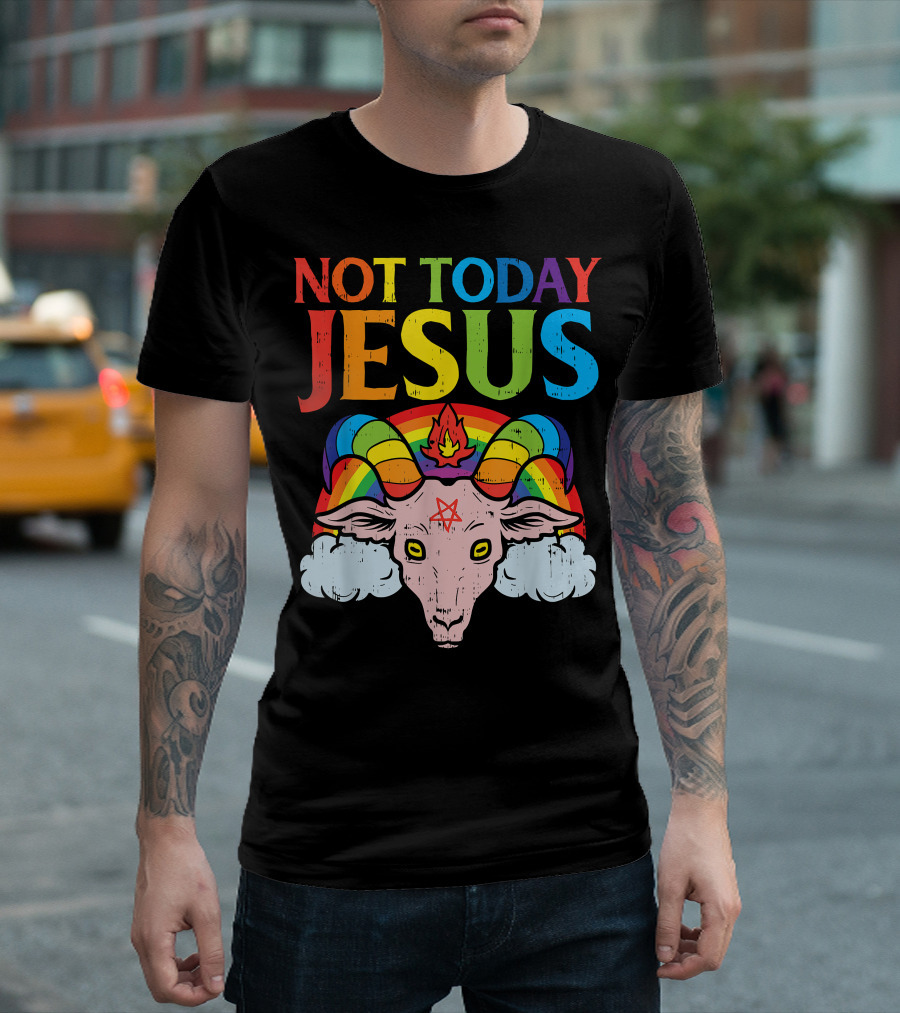 Not Today Jesus Goat Rainbow Satanism Baphomet Symbol Clouds T-Shirt
