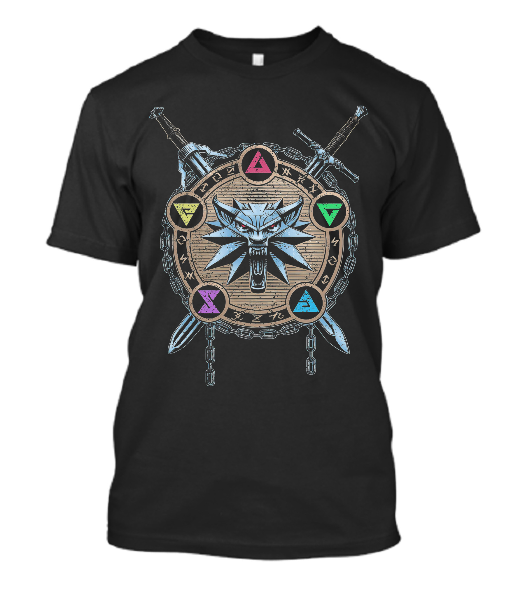 Mark Of Wolf Color Wild Hunt Witcher Medallion And Swords With Elemental Symbols T-Shirt