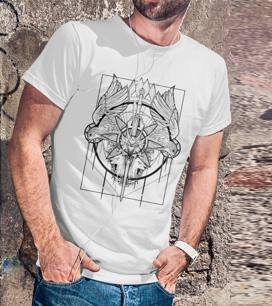 Child Of Destiny Wild Hunt Wolf Sword Medallion Raven Symbols T-Shirt