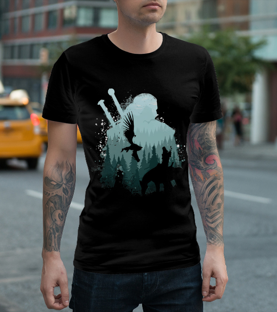Wild Huntsman Silhouette with Swords Forest and Animals T-Shirt