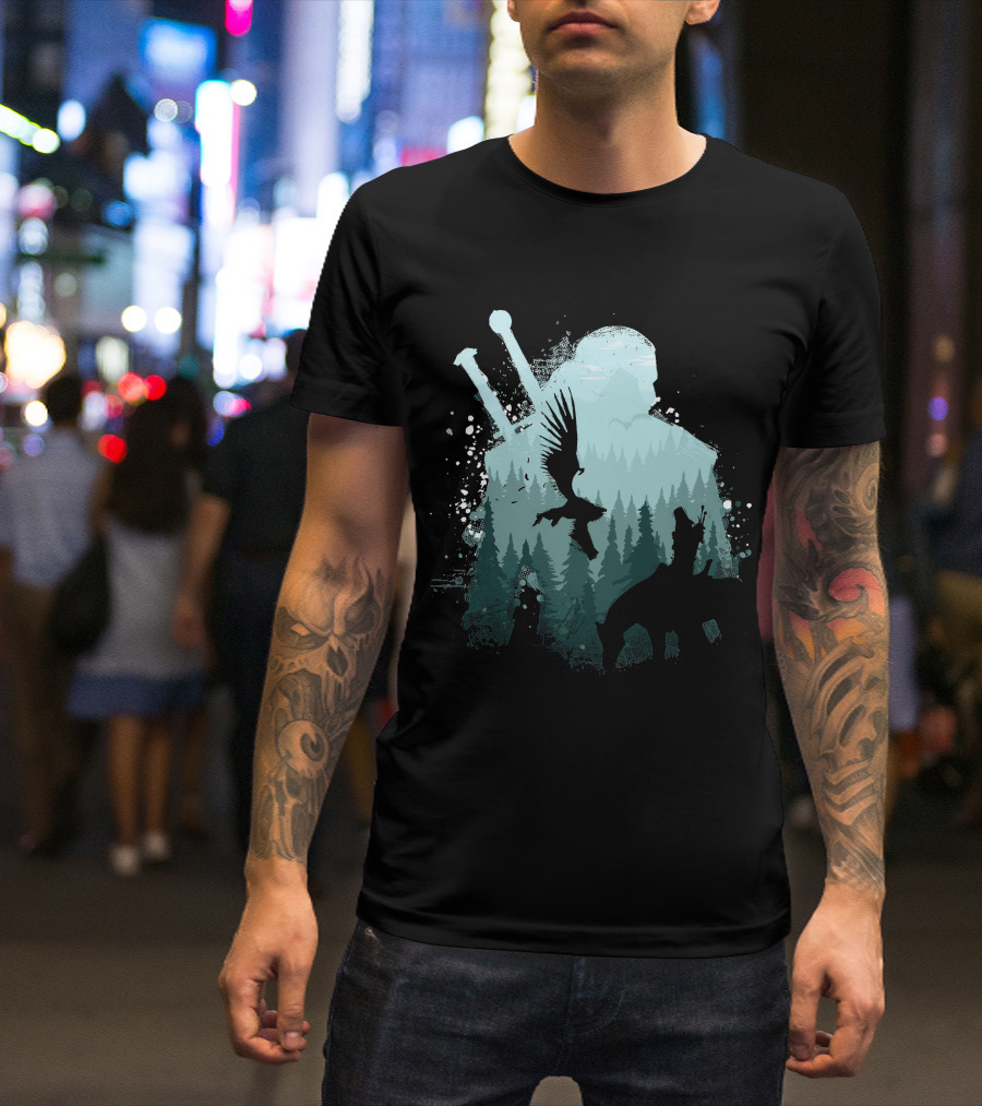 Wild Huntsman Silhouette With Swords Forest And Animals T-Shirt
