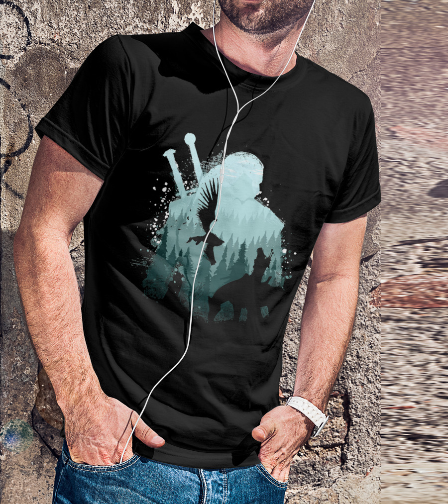 Wild Huntsman Silhouette With Swords Forest And Animals T-Shirt