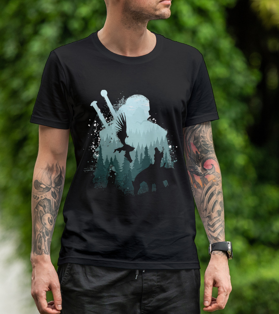 Wild Huntsman Silhouette With Swords Forest And Animals T-Shirt