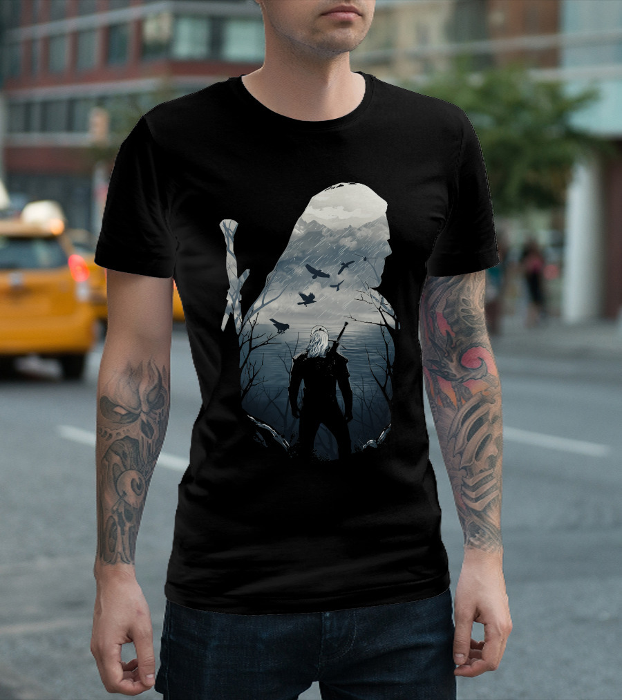 Wild Hunt Forest Geralt Silhouette with Mountains Ravens Sword T-Shirt