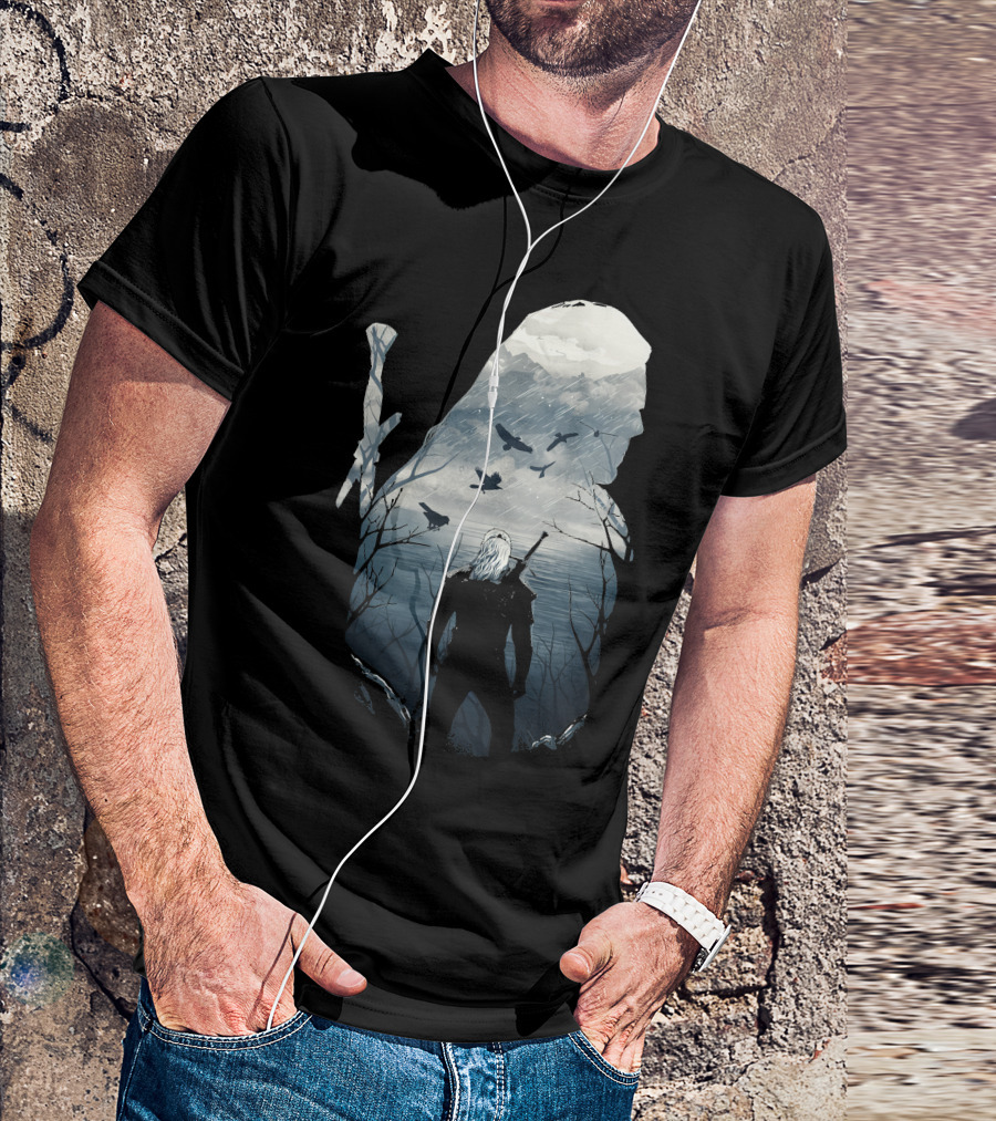 Wild Hunt Forest Geralt Silhouette With Mountains Ravens Sword T-Shirt