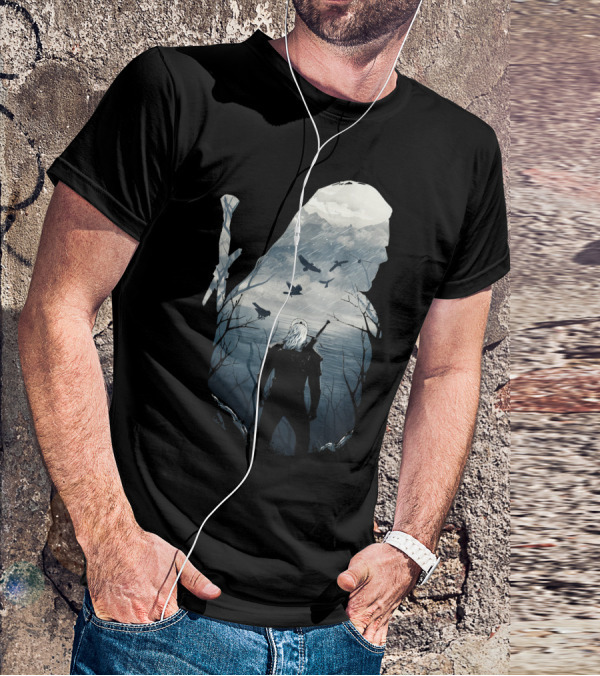 Wild Hunt Forest Geralt Silhouette With Mountains Ravens Sword T-Shirt