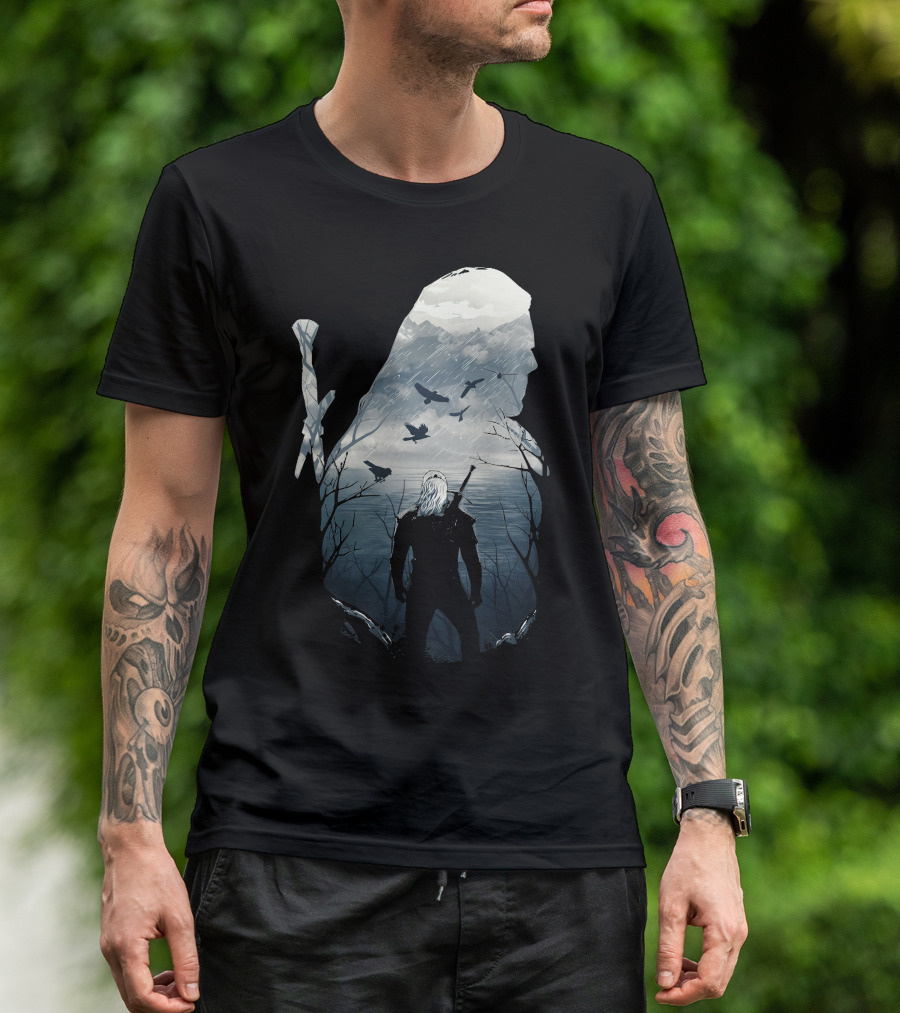 Wild Hunt Forest Geralt Silhouette With Mountains Ravens Sword T-Shirt